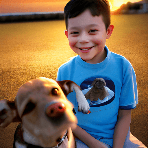 AI generated: a five-year-old boy takes a selfie with a dog, sunset --ar 3:2 --v 5.2