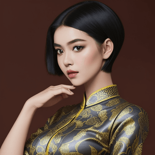 AI generated: A portrait of a young beautiful girl, under cut hair style, "slim with curves", Indonesian batik out...