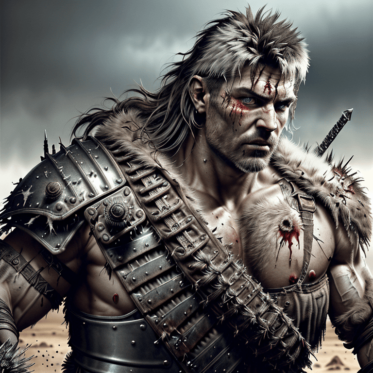 AI generated: portrait of an insanely detailed rugged ethereal muscular mad max warrior, war pose, armor, long mes...