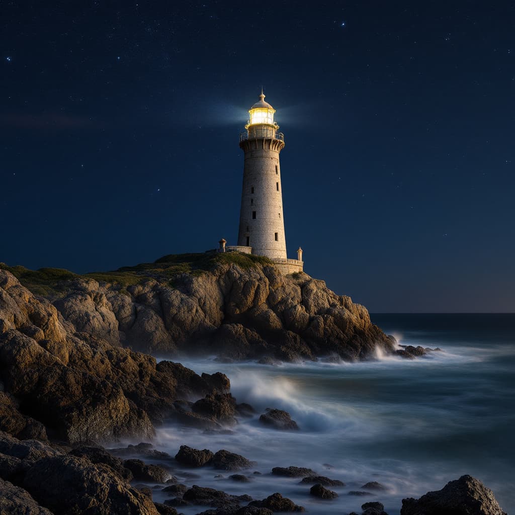 AI generated: Imagen de un faro en la costa norte de Francia, la costa es rocosa como en Normandía. 

El faro es d...