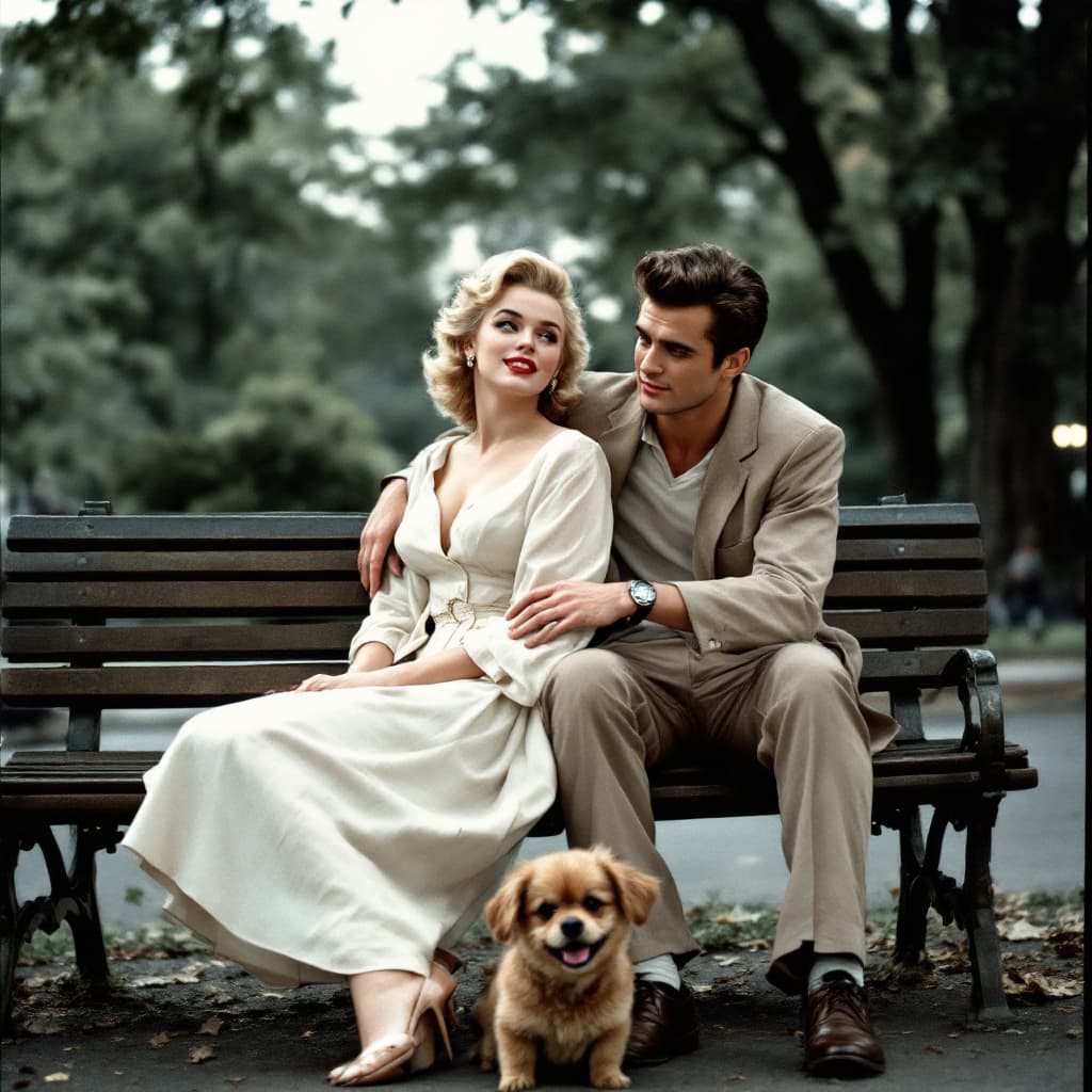 AI generated: Marilyn Monroe and Young James Dean during the Cuban missile crisis are sitting on a parkbench in ce...