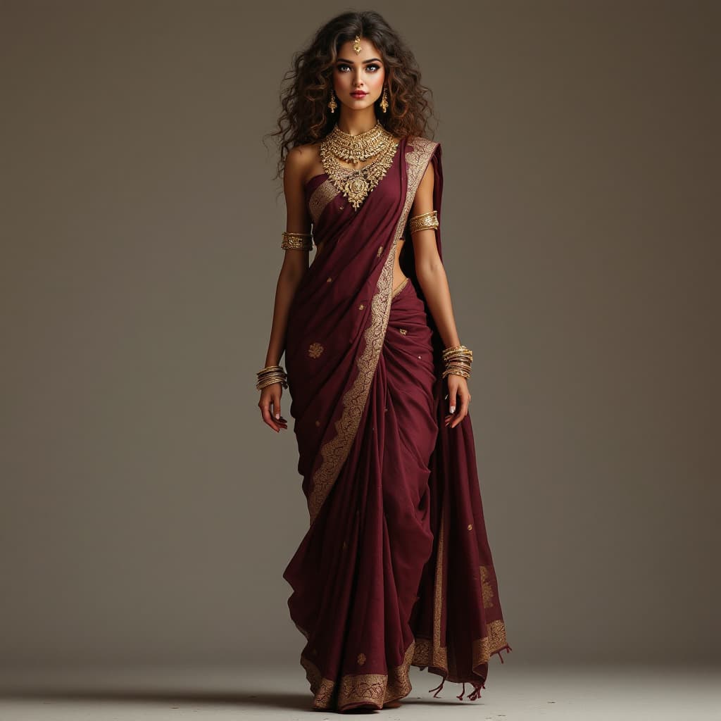 AI generated: Hyper realistic full body hot Indian girl, maroon saree, big eyes, curly hair, big necklace.
