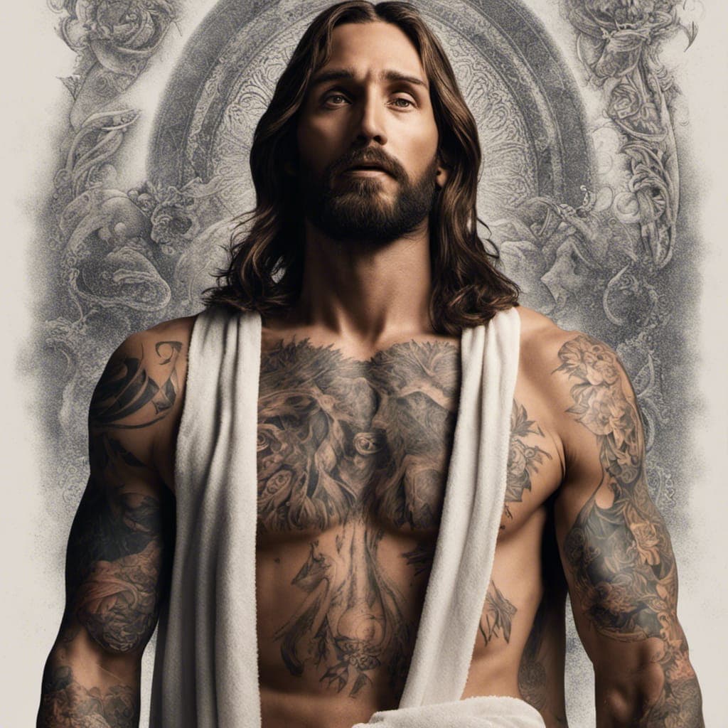 AI generated: Jeebus with tattoos from greek mythology, (detailed stunning environment), cinematic, cover art, (lo...