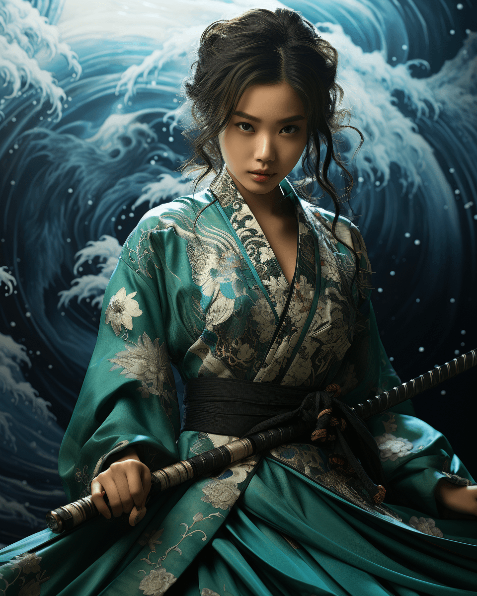 AI generated: a female in green kimono holding her sword in, in the style of hyper-realistic water, charming anime...