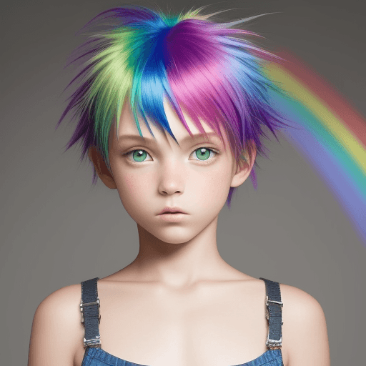 AI generated: 10 year old rainbow haired supermodel
