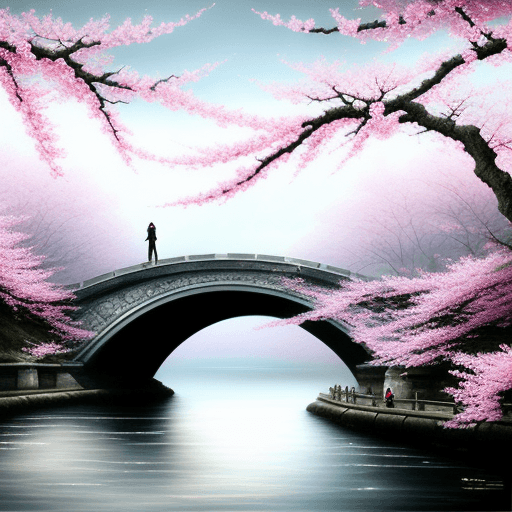 AI generated: two people walk the bridge under a large cherry blossom, in the style of atmospheric paintings, gray...