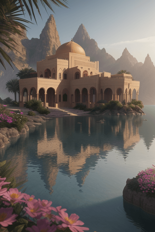 AI generated: Arabian Villa surrounded by water and nature, village, volumetric lighting, photorealistic, insanely...