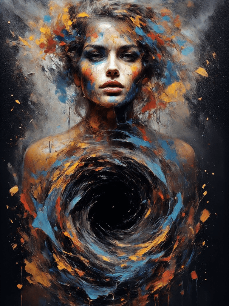 AI generated: A terrified woman stares downward at a void in the center of her stomach (1.4), her face frozen in a...