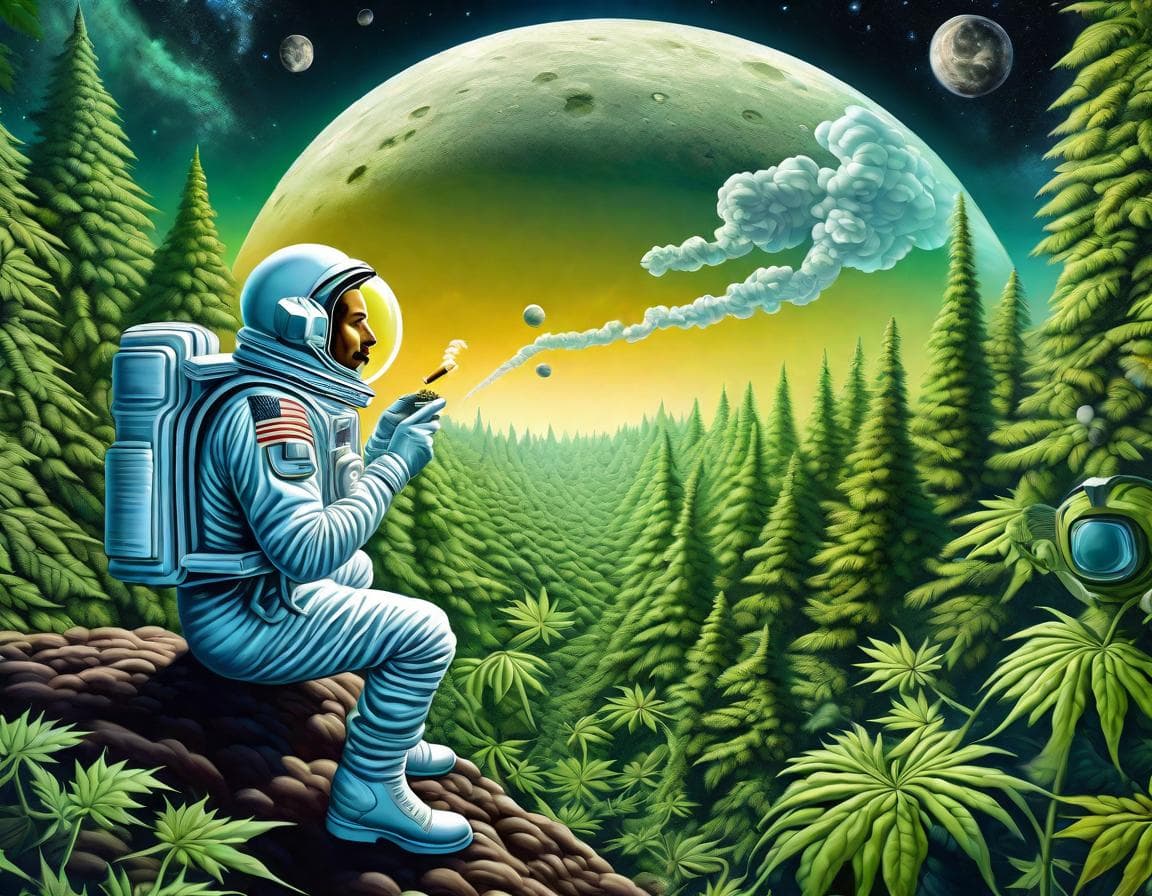AI generated: A surreal fantasy painting inspired by the works of M.C. Escher and Philip K, Astronaut smoking mari...