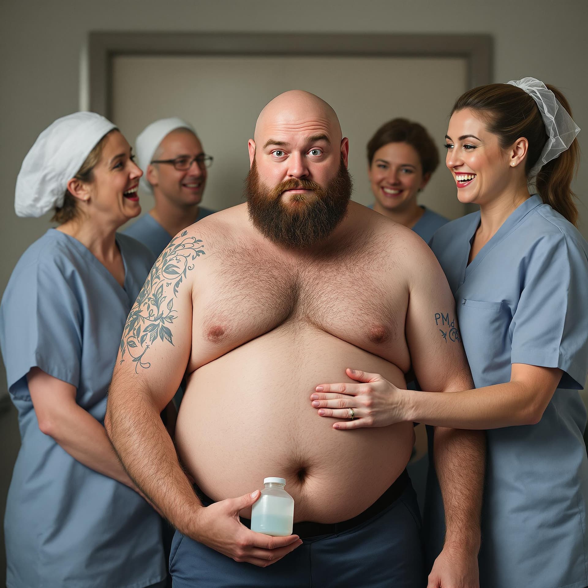 AI generated: Bald, fat, short, short bearded man undress in front of four amused middle aged nurses in medical un...
