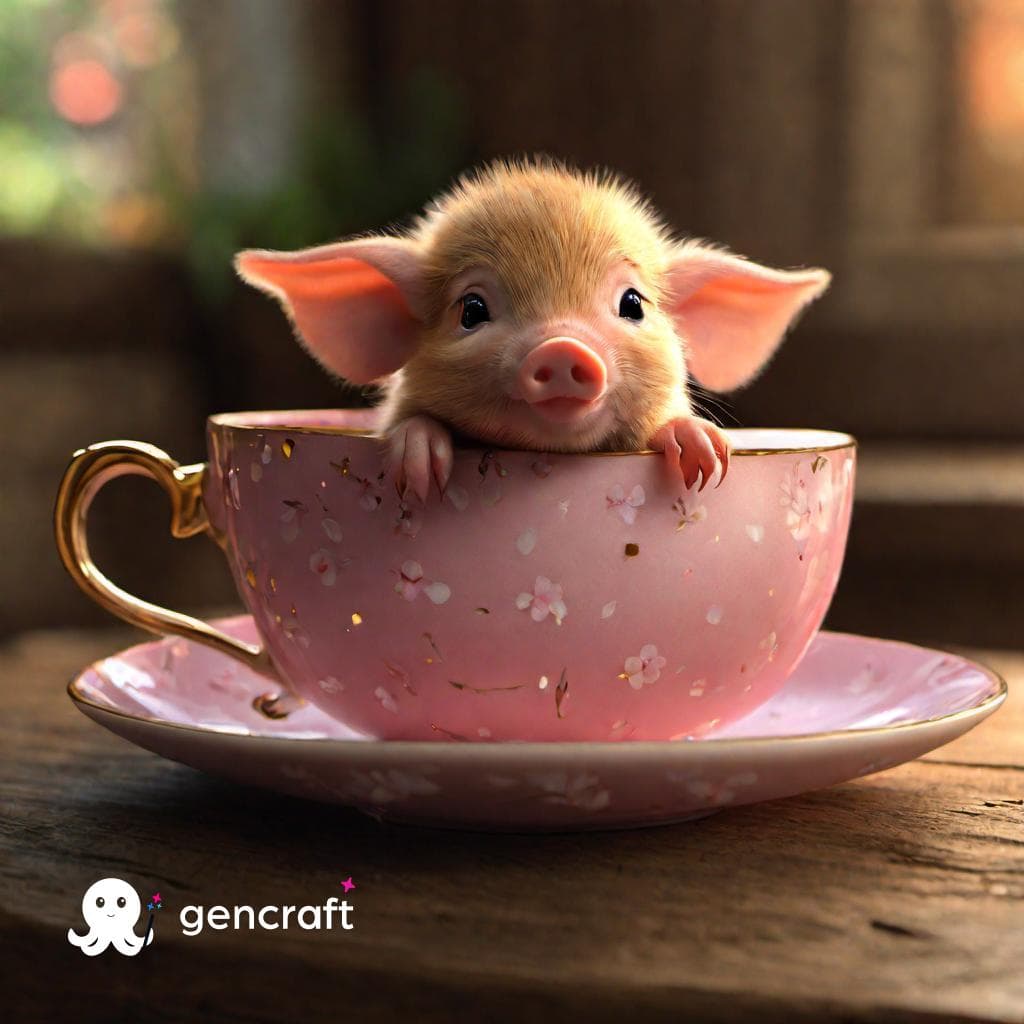 AI generated: A chibi cute little piglet in a vintage teacup