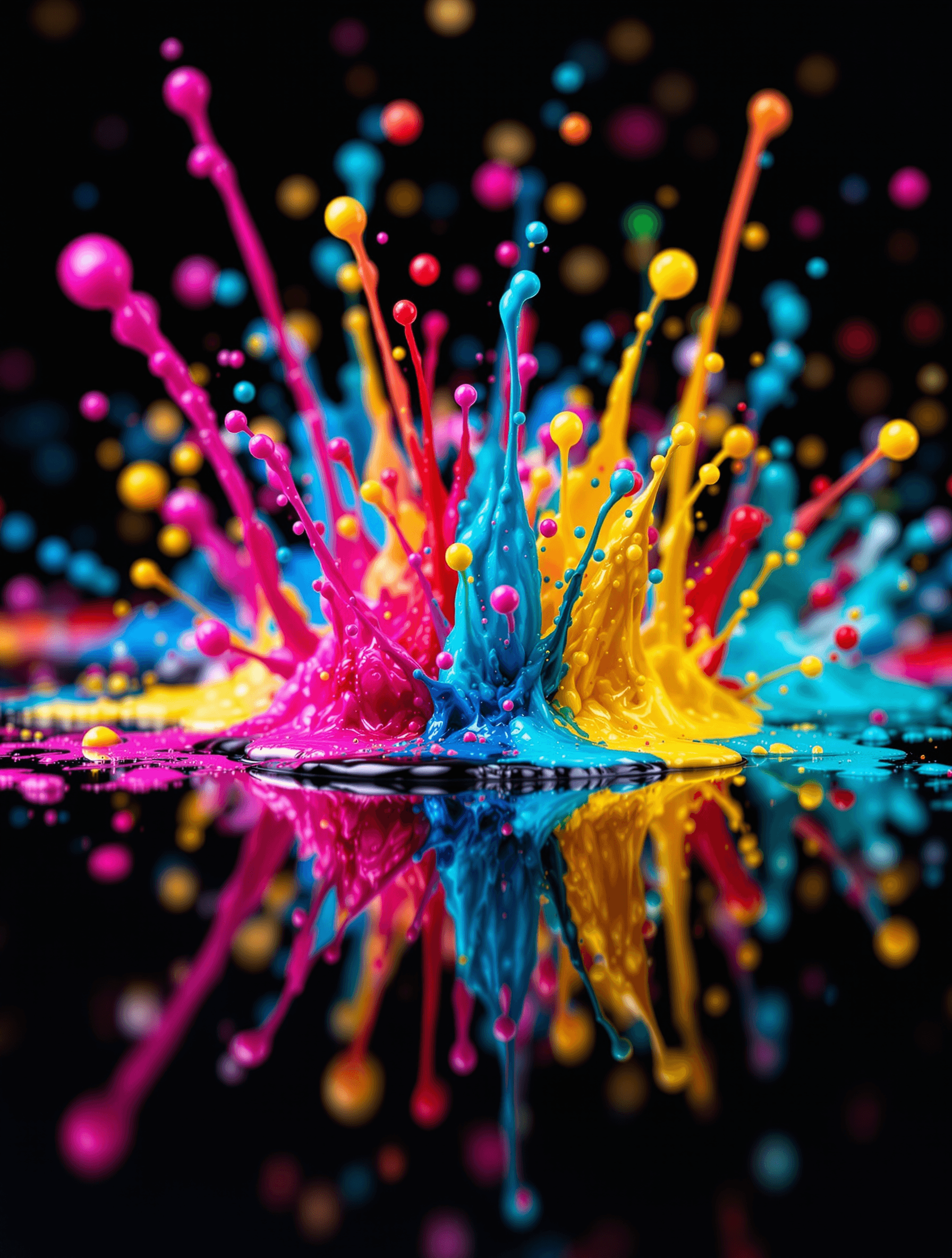 AI generated: A high-detail macro photograph of vibrant, colorful paint splatter on a glossy black reflective surf...