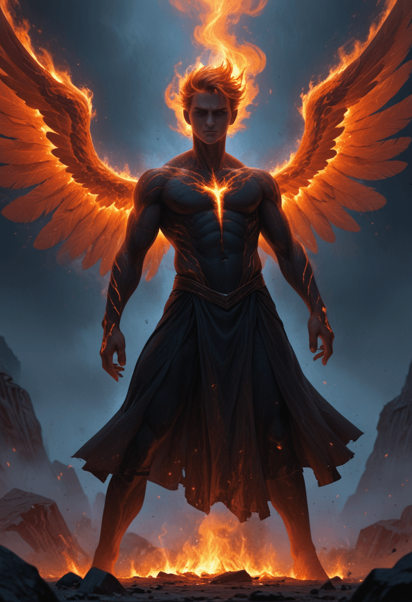 AI generated: powerful,cinematic fantasy artwork depicting a mythic figure ascending in a blaze of divine fire. A ...