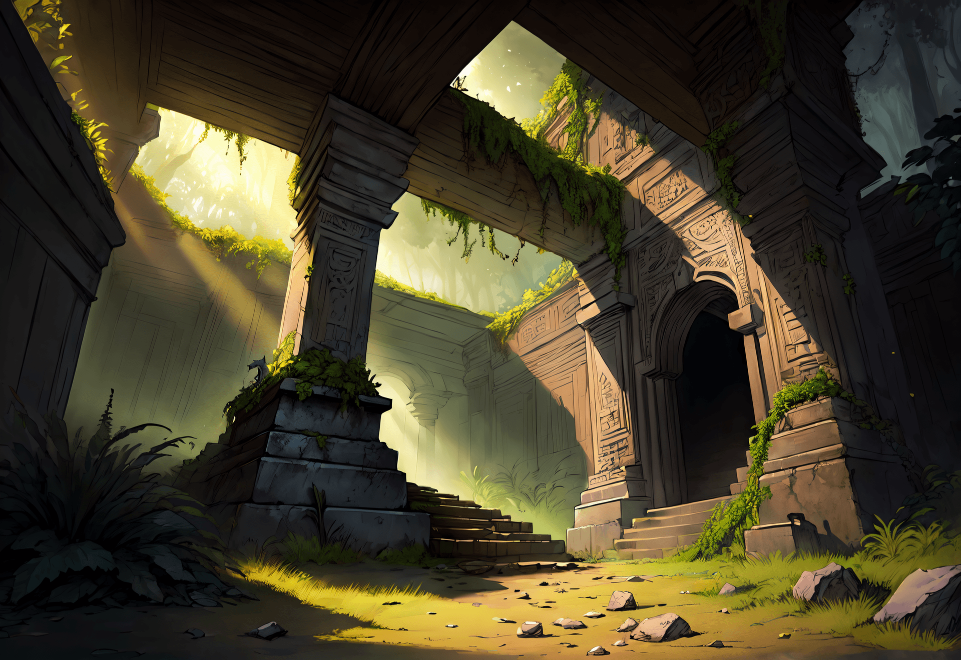 AI generated: (masterpiece Illustration, best quality:1.2) Ruins of a (Lost East Indian Temple:1.1),( Hindu Style:...