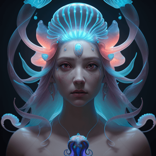 AI generated: Goddess close-up portrait ribcagel. jellyfish phoenix head, nautilus, orchid, skull, betta fish, bio...