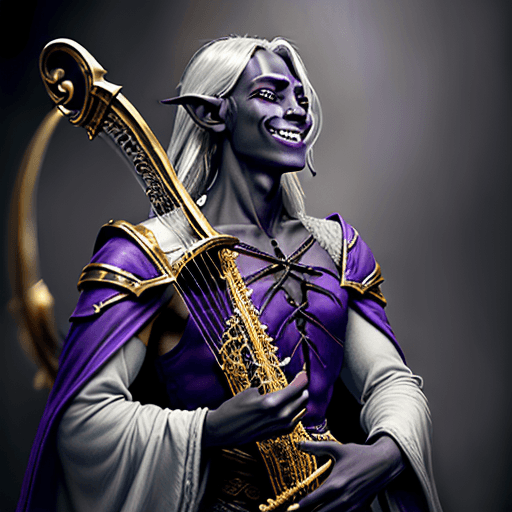 AI generated: Dungeons and Dragons 5e Male Half-Drow Bard, dark-grey skin, chaotic neutral, airbrushed fantasy art...