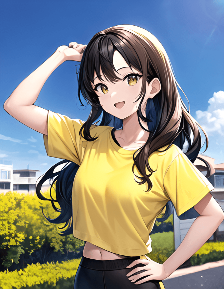AI generated: 20 years old, outdoors, perfect anime quality, sunny, beautiful scenery, beautiful sky, plain yellow...