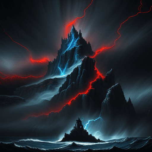 AI generated: A sinister overhead view of dark fantasy scene depicting Njord the Norse Guardian of the Seas standi...