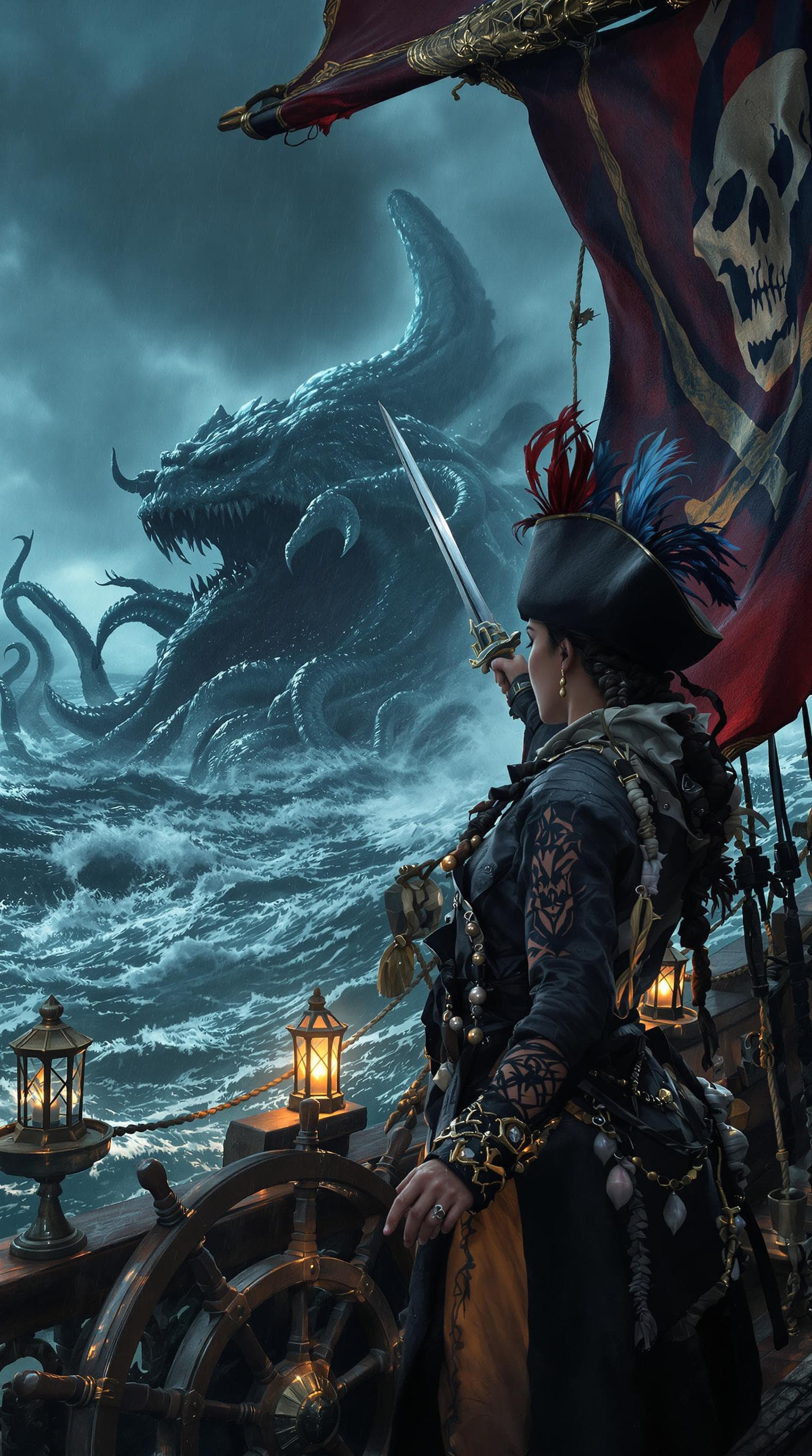 AI generated: The tempest raged, and the sea churned like an angry beast. Amidst the chaos, a commanding figure st...