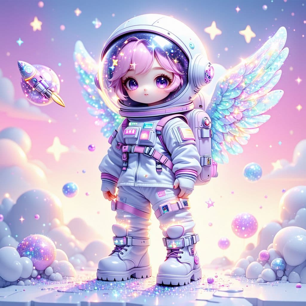 AI generated: A full-body stylized kawaii illustration of a pastel space cadet girl in a holographic bubble helmet...