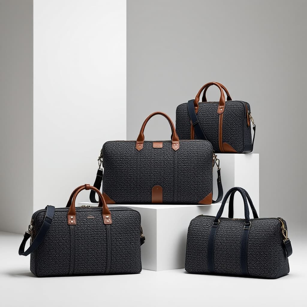 AI generated: "A collection of luxurious crochet bags designed exclusively for affluent men, combining elegance an...