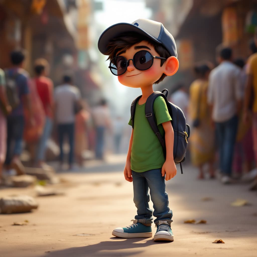 AI generated: A Pixar-style animated portrait of a boy,  boy wearing a cap, sunglasses, a green t-shirt, jeans, sn...