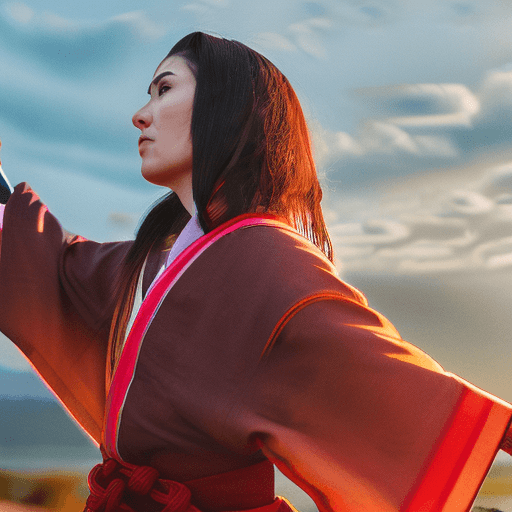 AI generated: A portrait of a female Samurai, long straight hair in a topknot, wearing traditional samurai clothin...