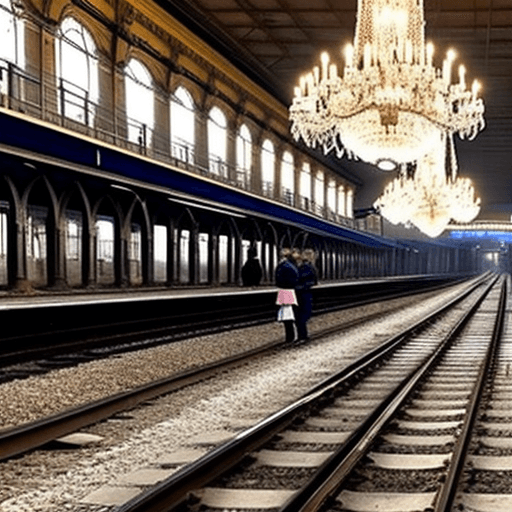 AI generated: People waiting beside empty tracks on a Russian platform with chandeliers 
