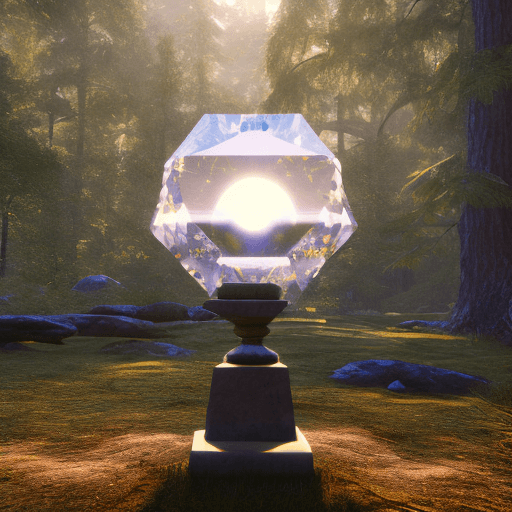 AI generated: a large cut transparent diamond lies on a stone pedestal surrounded by a forest against the backgrou...