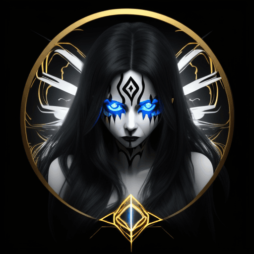 AI generated: "Ghost" in Bold Gold and Black 3D graffiti font. woman with long black hair,  blue eyes,  with black...