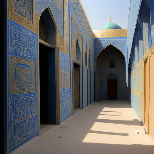 AI generated: A 3-floor building in Isfahan nearby a mosque, end of small alley, at noon.