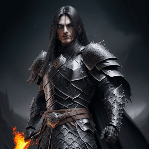 AI generated: Realistic man with black scary armor, Holding fire Sword,human face,long hair, perfectly detailed on...