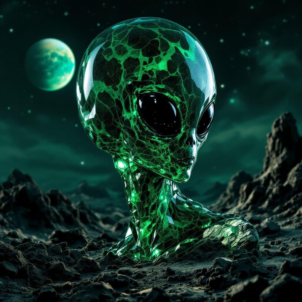 AI generated: an alien made of Velvet Malachite::2 big shiny black eyes, soulful eyes::planet in the background
