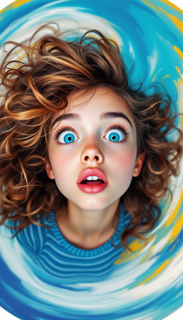 AI generated: fisheye effect circular composition oil painting, central close-up of a girl's face with large eyes,...