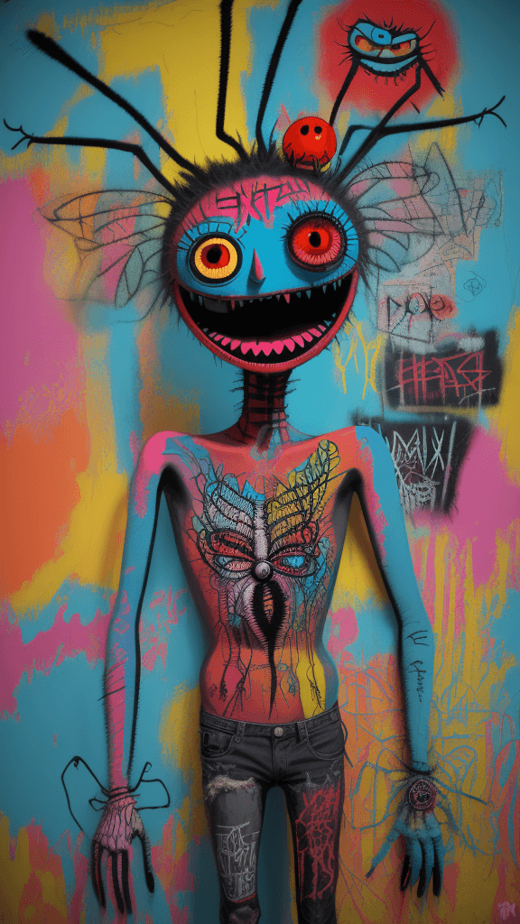 AI generated: graffitied on the wall invision my imaginary friend a Absurd Embroidery bird head spider legs red or...