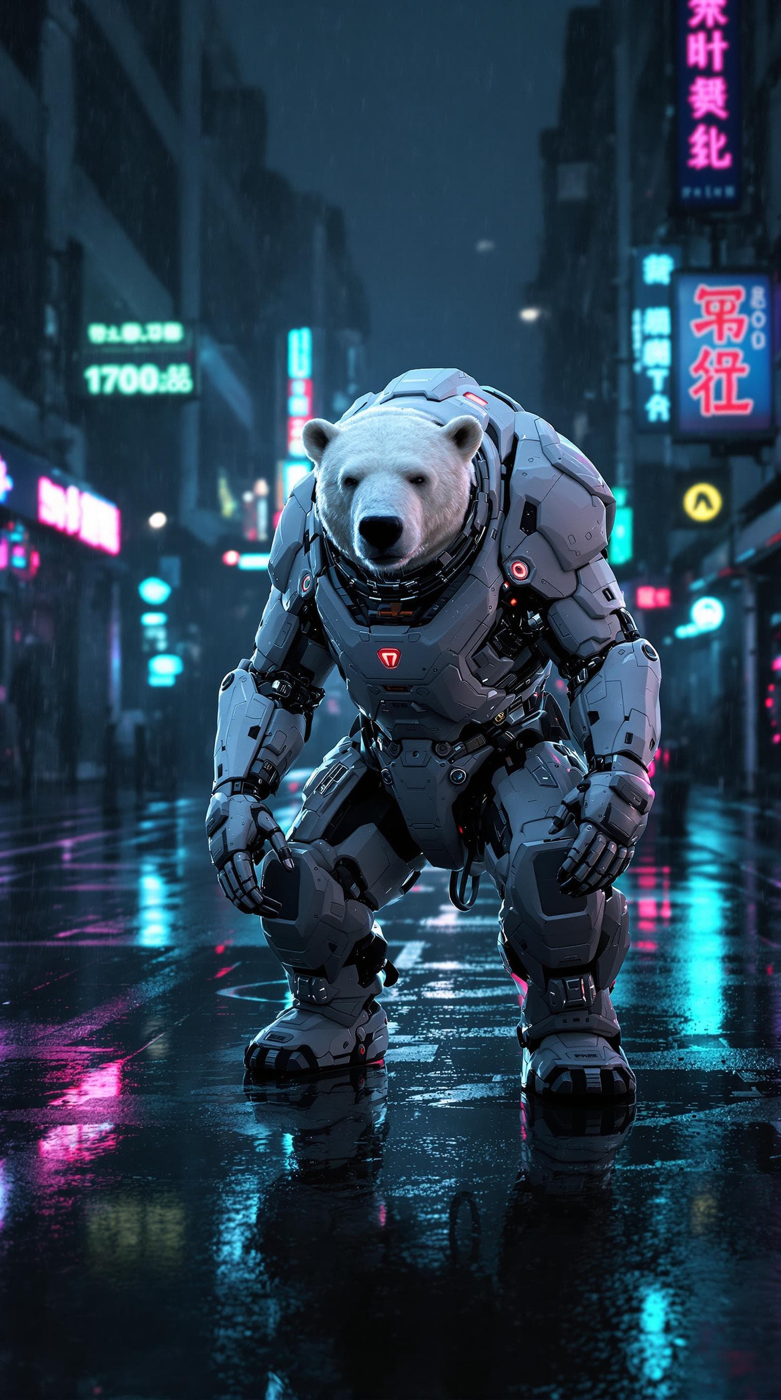 AI generated: Cyborg version of a polar bear in Hi-tech new armour. Posing In dark rainy Dystopian city, on an emp...