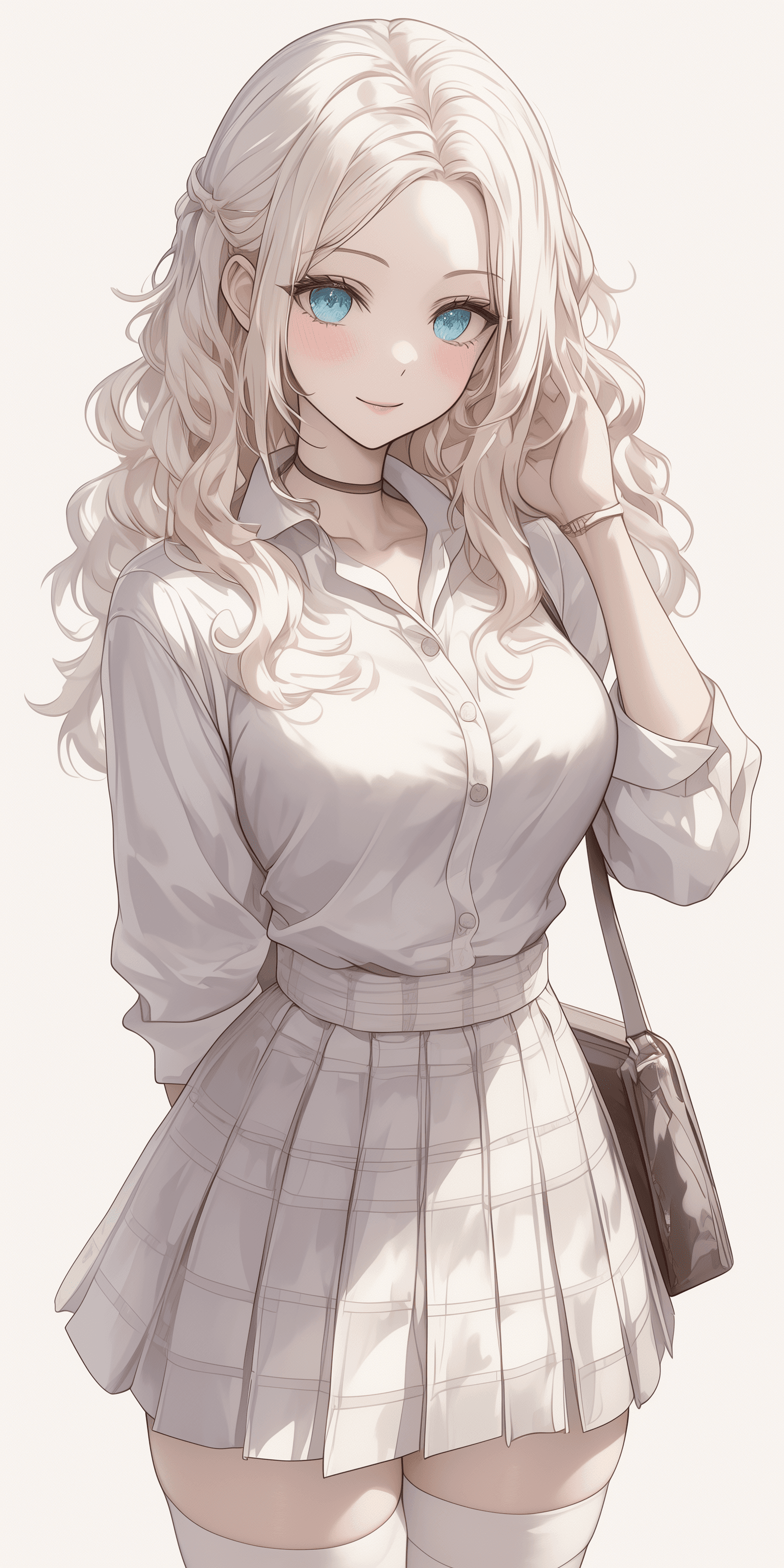 AI generated: beautiful girl in white school uniform, manhwa style, princess core, tight short skirt, --ar 1:2 --n...