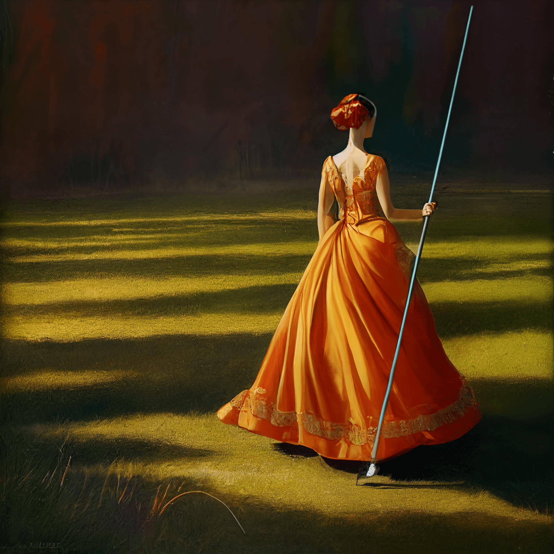 AI generated: An enlighted princess walking on grass, red and orange dress, holding a shining rod
