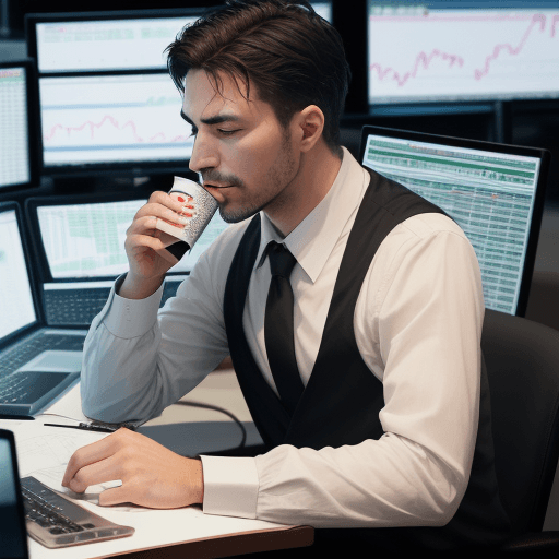 AI generated: A man doing stock trading, conducting technical analysis, and drinking coffee.