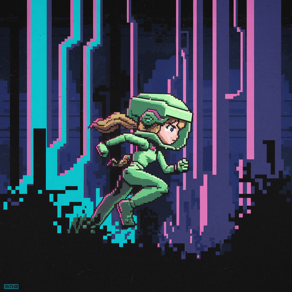 AI generated: Pixelated art of a futuristic girl running in a dark forest, retro gaming style Megadrive, high qual...