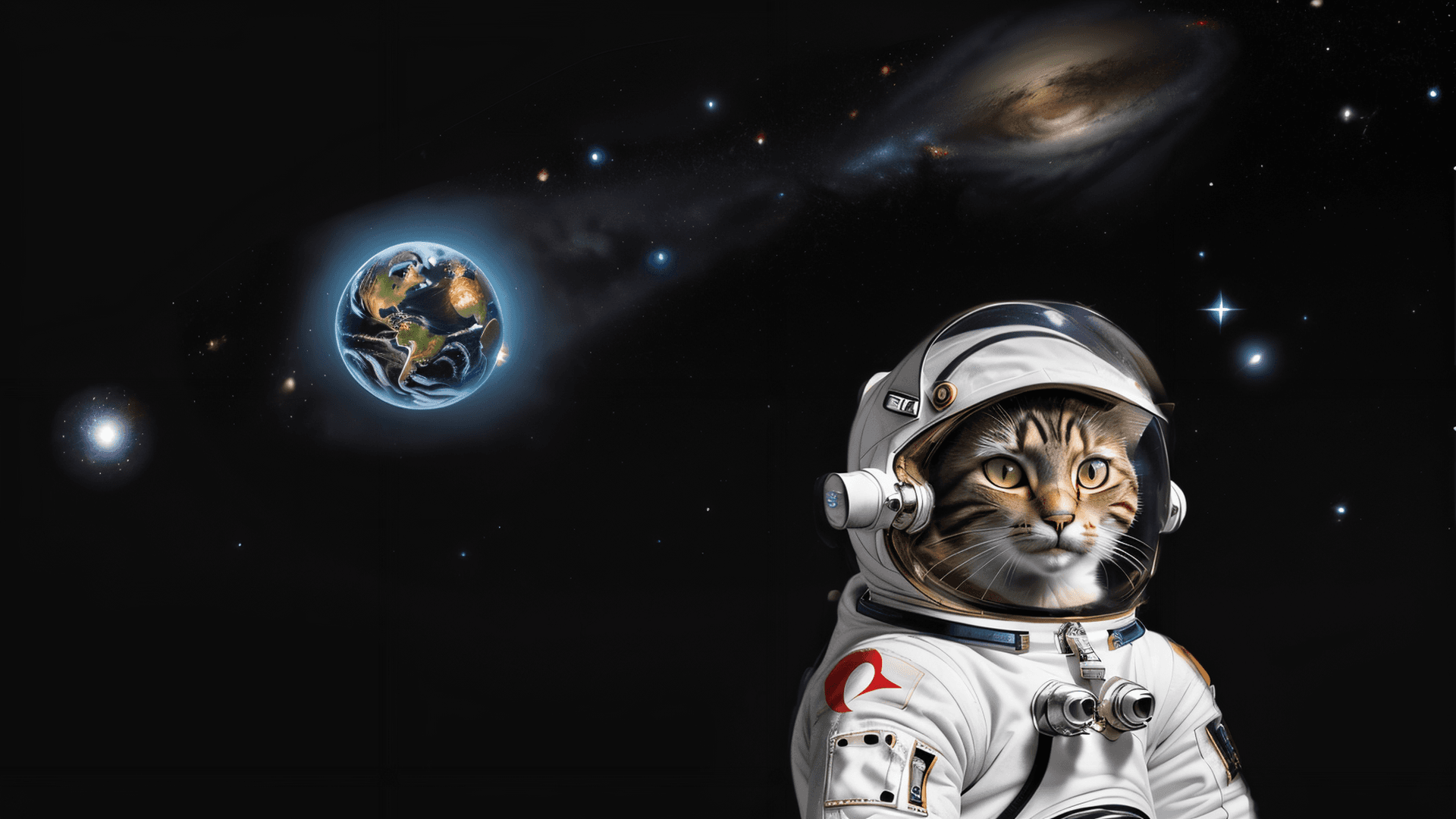 AI generated: Detailed drawing of a cat in an astronaut suit floating in space, with the Earth, stars and a red co...