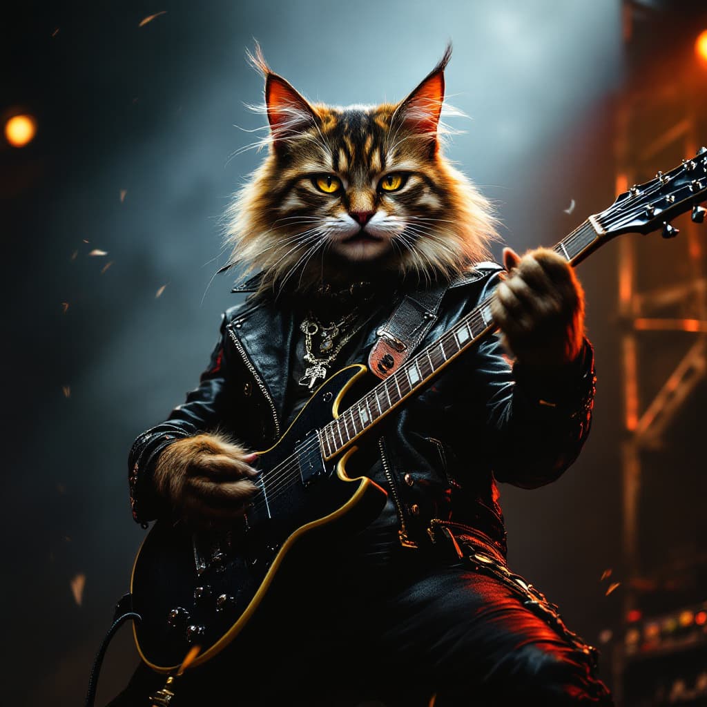 AI generated: realistic image of a wild rocker cat wearing leather jacket and playing an electric guitar on stage ...