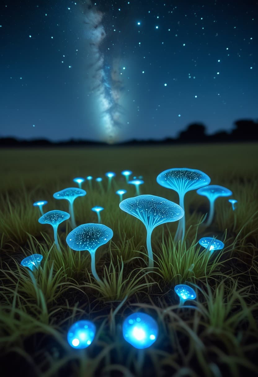 AI generated: A grassy plain under full moonlight, bioluminescent spore-like plants dotting the ground. The Milky ...