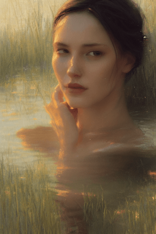 AI generated: close up portrait of a cute woman bathing in a river, reeds, (backlighting), realistic, masterpiece,...