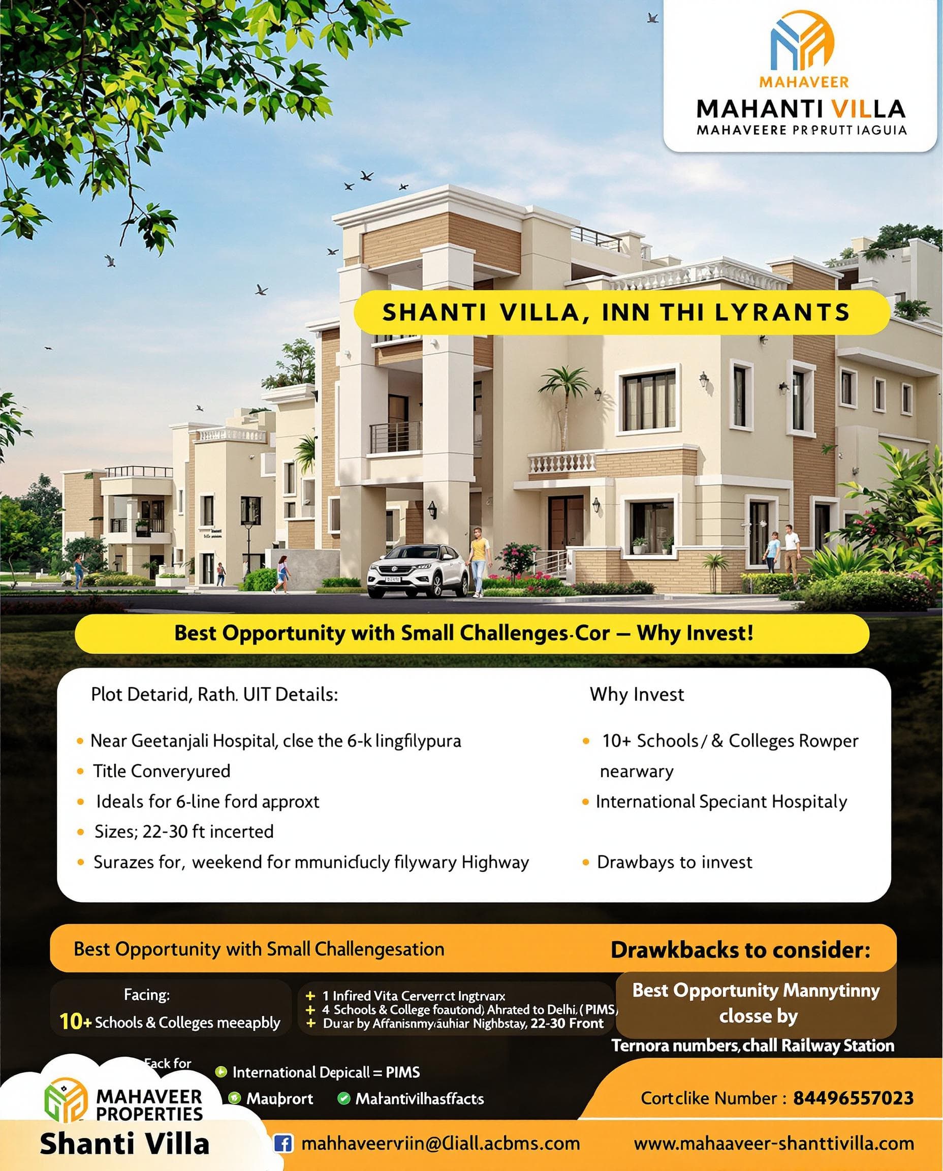 AI generated: Design a poster for Mahaveer Properties promoting Shanti Villa in Eklingpura, Udaipur, Rajasthan. Th...