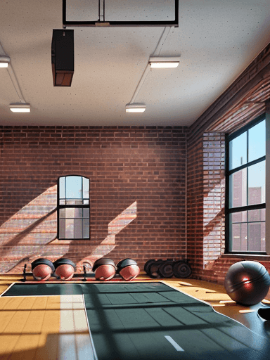 AI generated: Small gym inside a building with brick walls and surrounded by apartments with cinematic brick mater...