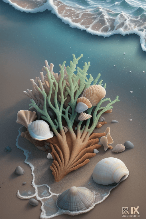 AI generated: 200 mm macro lens photo of sea bed, sand and pebbles under most beautiful stormy waves, sea shells a...