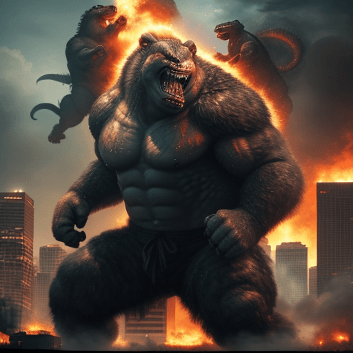 AI generated: Imagine an epic, ultra-realistic poster capturing the intense battle between Kong and Godzilla in th...