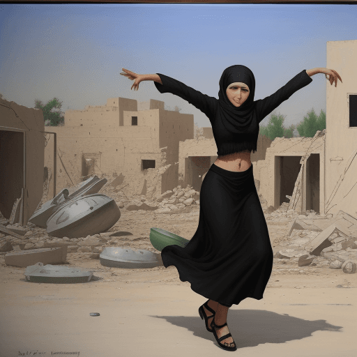 AI generated: an oil painting, in the style of Sliman Mansour, of a Palestinian woman dancing in front of the tank...