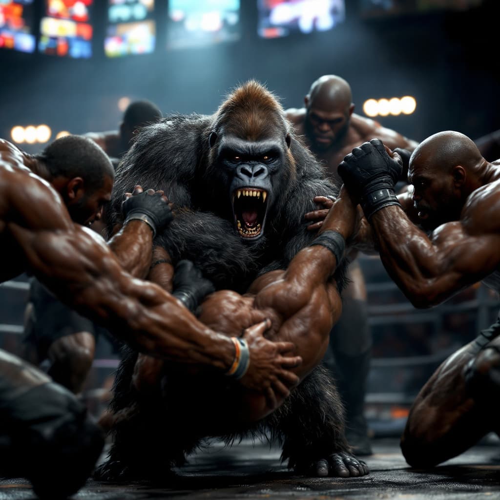 AI generated: Cinematic professional 3D animation of a gorilla  in a gym ring surrounded physically fit black men ...